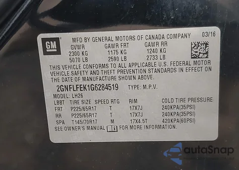 2016 Chevrolet Equinox Lt из США, поврежденный, VIN 2GNFLFEK1G6284519